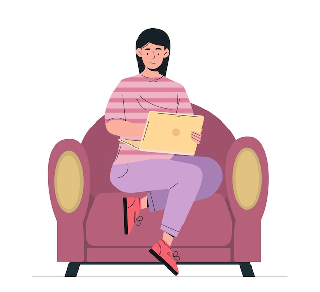 ベクトル ソーファに座っている女性 ⁇ デジタルタブレットを持った若い女の子が ⁇ ニュースとマスで椅子のキャラクターに座っています ⁇