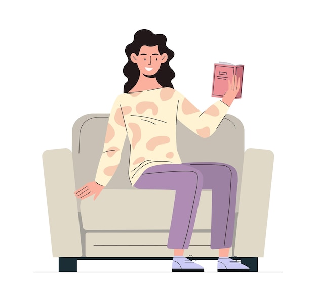 Вектор Женщина сидит на диване молодая девушка с розовой книгой сидит на кресле персонаж с учебником или художественной литературой