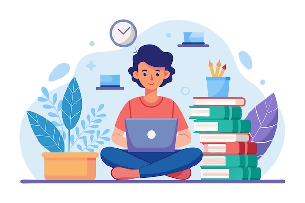 A woman seated on the floor working on a laptop in front of a stack of books A person studying with a laptop and a stack of books Simple and minimalist flat Vector Illustration