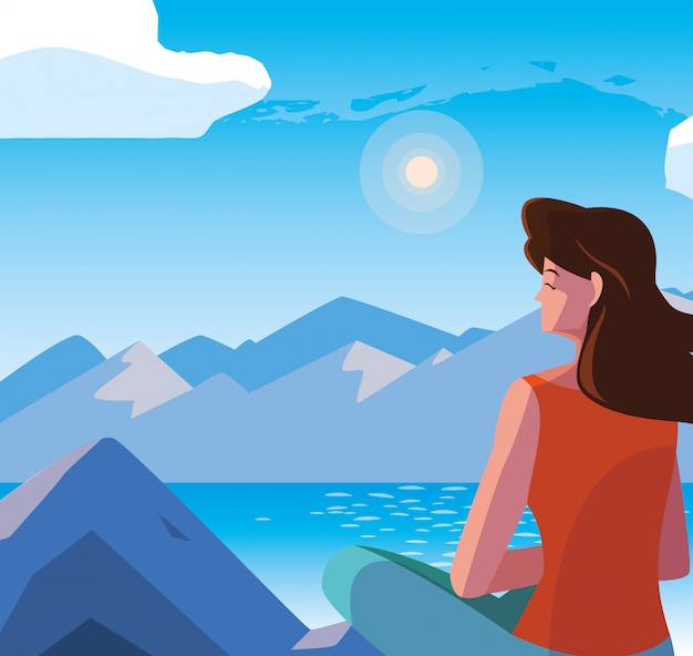 Vector woman seated observing landscape with lake