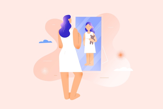 Vector woman seeing herself as child girl in mirror reflection