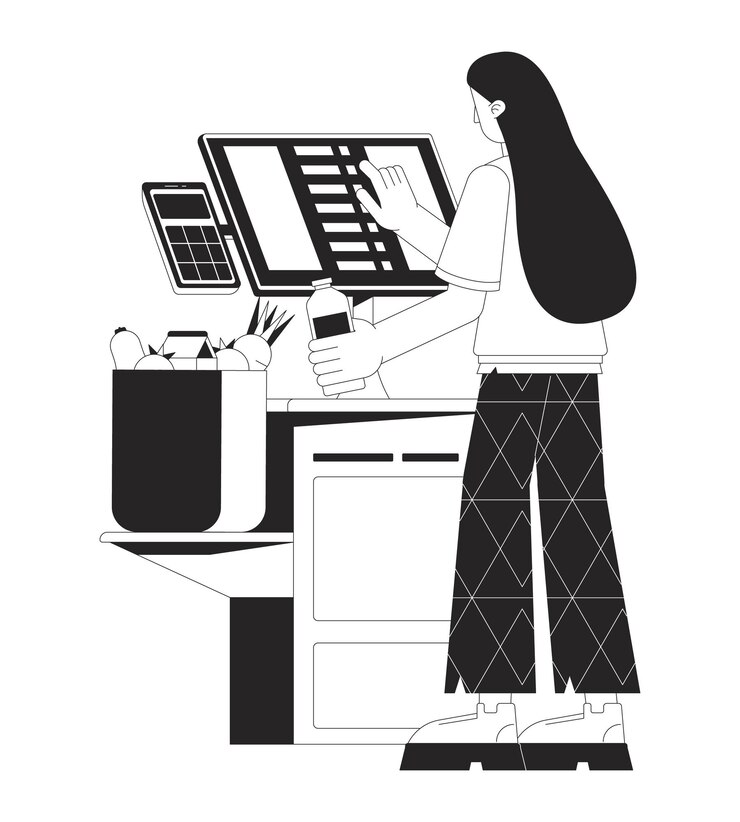 Vector woman on self service terminal bw concept vector spot illustration