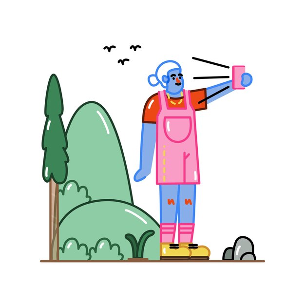 Vector woman selfie on mountain illustration