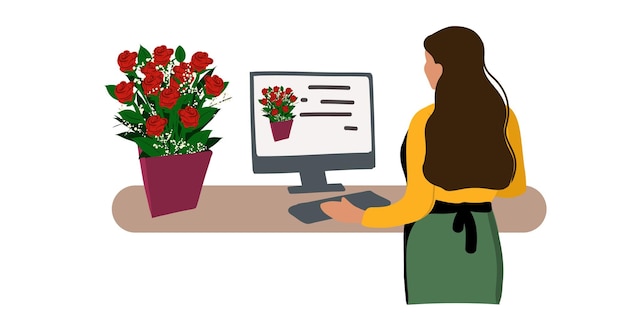 Woman seller florist selling online gift bouquet of red roses in a box. Florist workplace