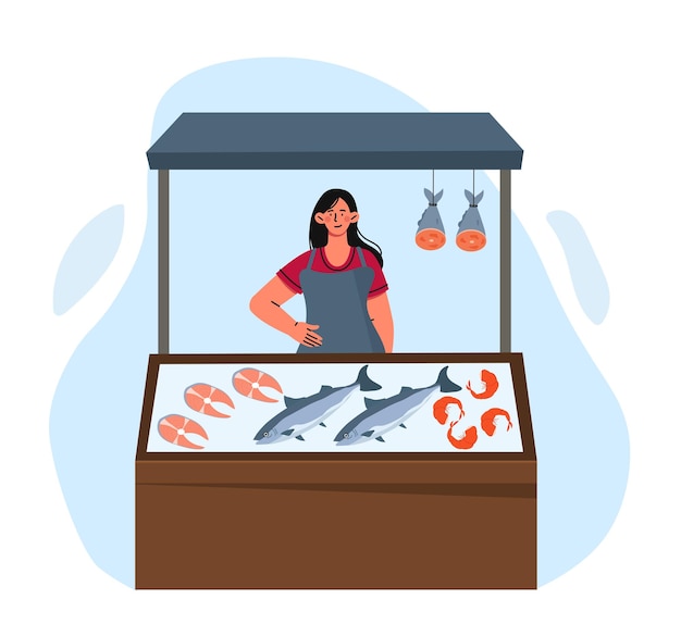 魚を販売する女性のコンセプト自然と有機製品の販売者は、あなたの地元の店の若い女の子をサポートします
