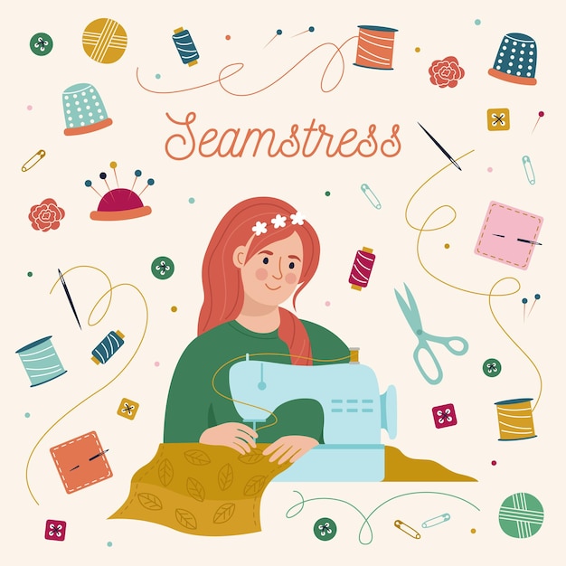 Woman sewing on stitching machine. Seamstress character. Sewing elements set.