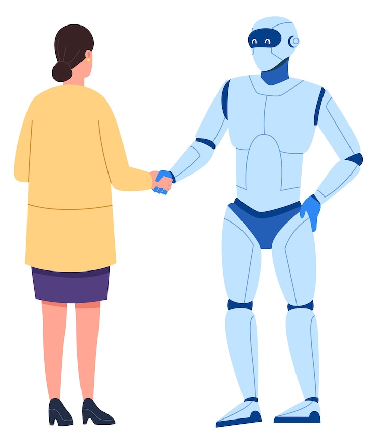 Vector woman shaking hands with robot cyber human friendship