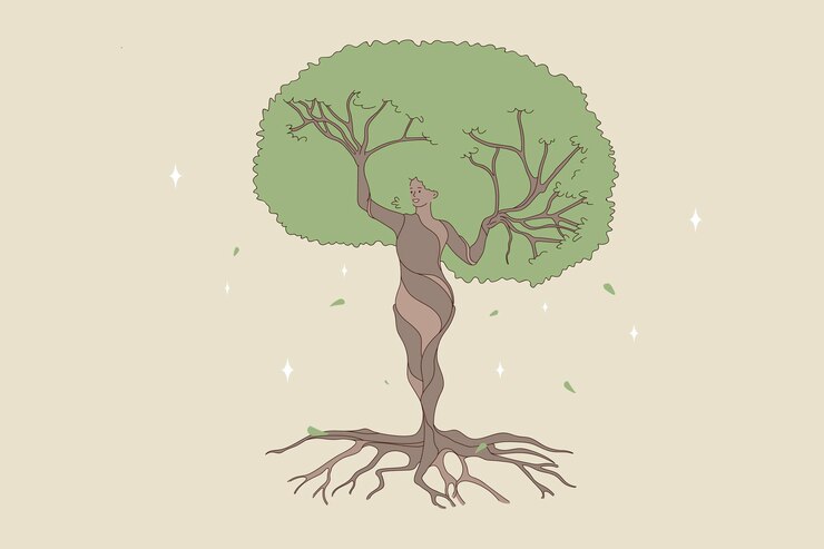 Vector woman shape being a natural forest tree. vector concept illustration of nature and human balance by saving and protect nature.