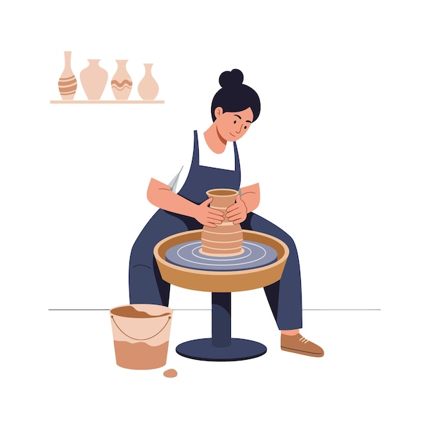 明るい芸術スタジオの設定で陶器の輪で粘土を形作る女性