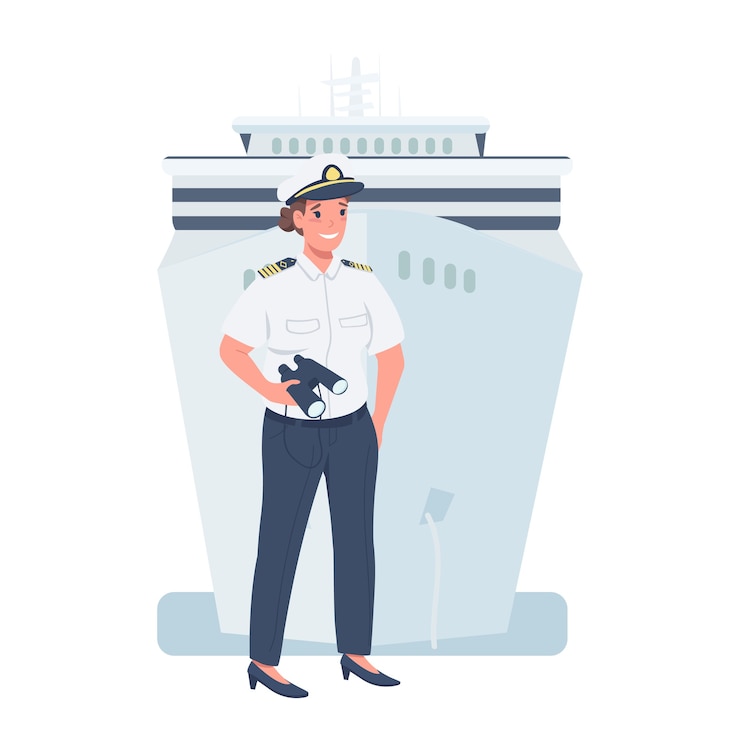 Vector woman ship captain flat color detailed character. gender equality at workplace. cheerful lady working as sailor isolated cartoon illustration for web graphic design and animation