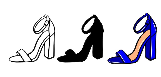 Набор иконок женская обувь, изолированные на белом фоне красочные рисованной вектор моды иллюстрации красота и гламур контур силуэт элемент дизайна логотипа