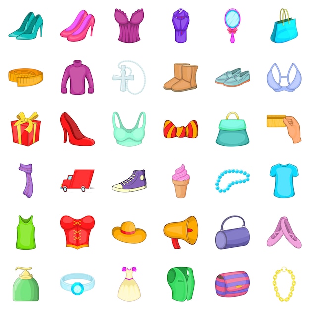 Woman shop icons set, cartoon style