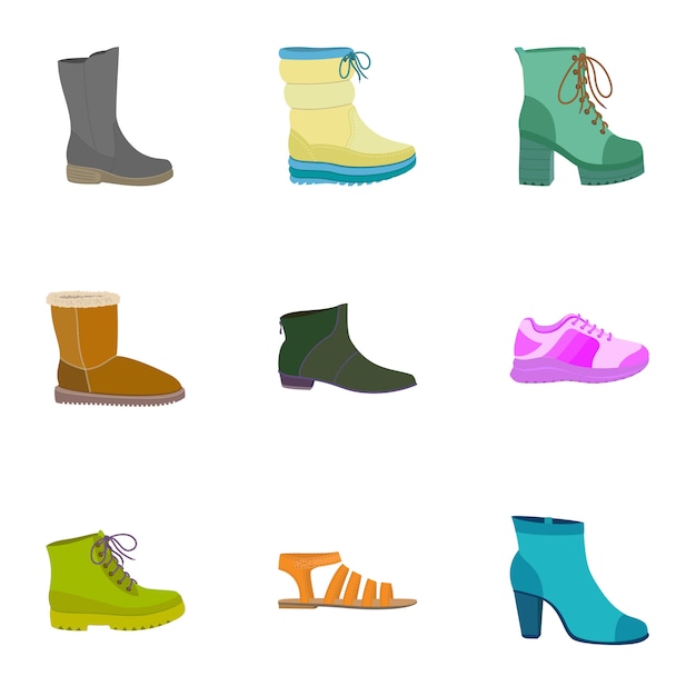 Женщина магазин обуви икона set. плоский набор из 9 женских значков магазина обуви