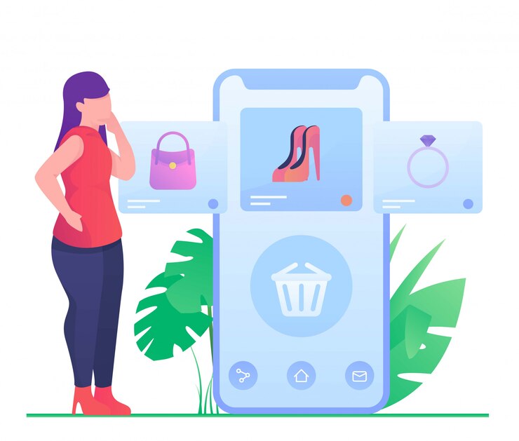 Vector woman shoping on mobile illustration
