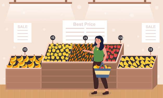 Vector woman shopper buying fresh fruit and vegetables on display in a store or supermarket with sale and