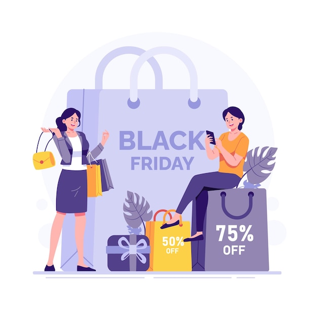 Vector woman shopping on black friday illustration