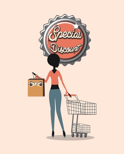 Vettore sconto speciale di stile del retro dello shopping cart e della borsa della donna