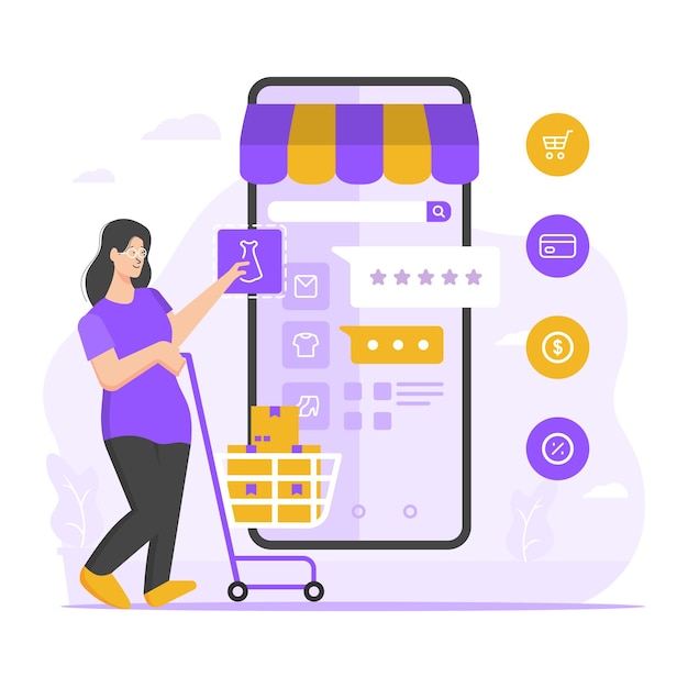 Vector woman shopping in ecommerce store