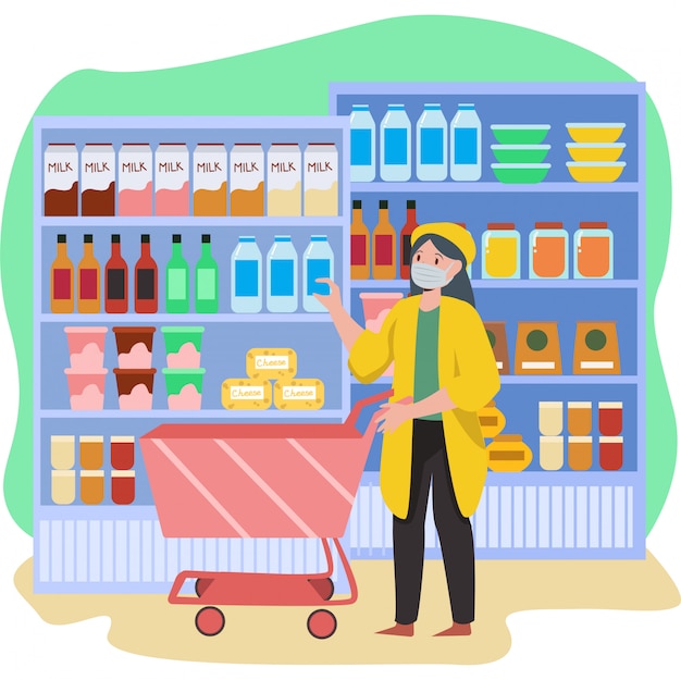 a woman shopping at groceries shop while keep using medical mask