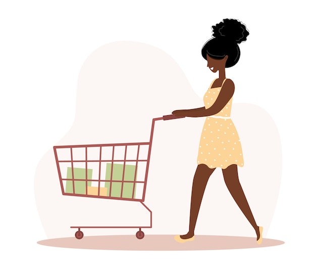 Vector woman shopping. happy african girl with cart and bags.