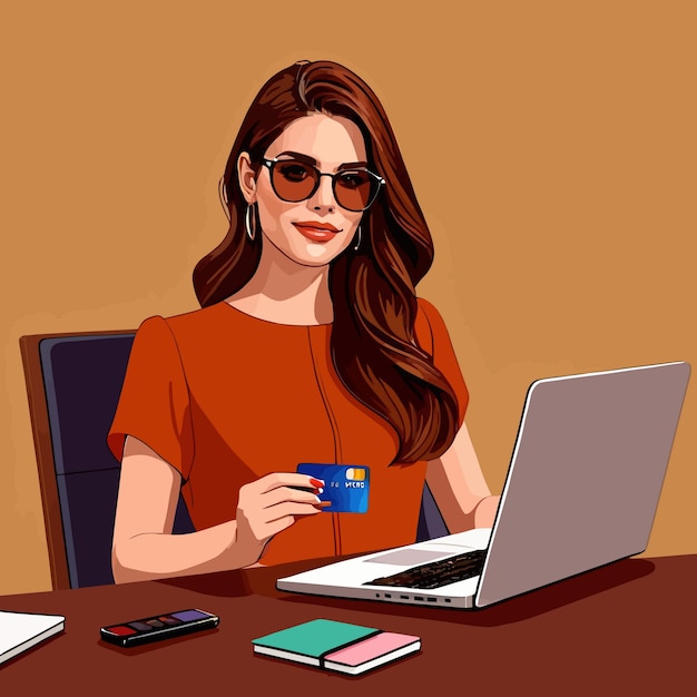 Vector woman shopping online with credit card and notebook vector clipart illustration
