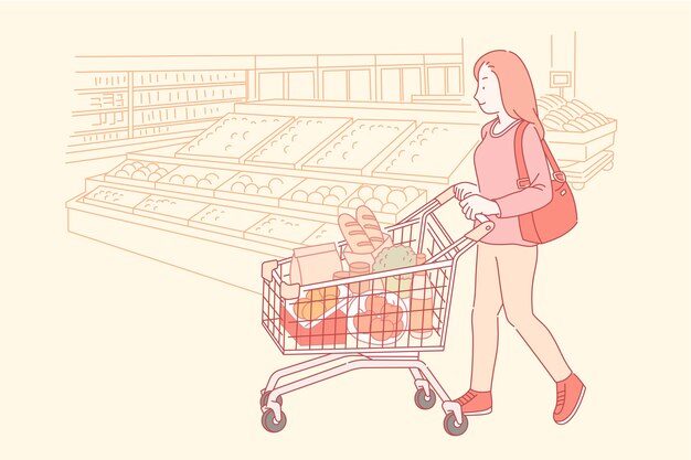 Женщина делает покупки в супермаркете с рыночной тележкой в стиле линии