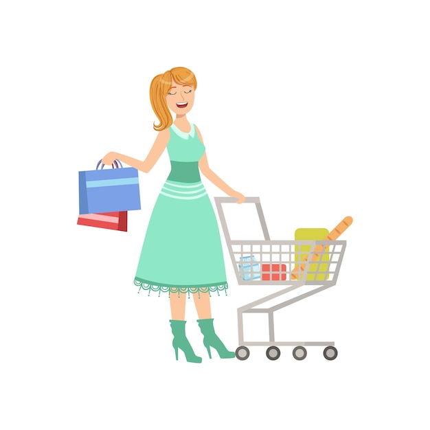 Woman Shopping With Cart And Paper Bags