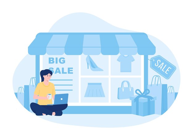 A woman shops online using a laptop trending concept flat illustration