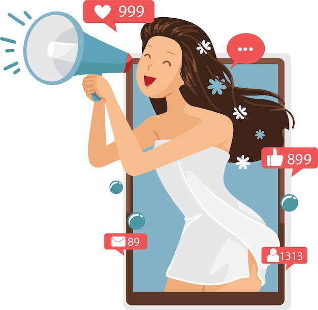 Vector woman shouting in loudspeaker influencer. internet advertisement concept for hair care products.