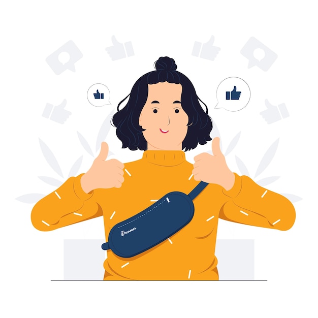 Woman showing like hand sign feedback public approval joy success approval happiness and thumbs up symbol concept illustration