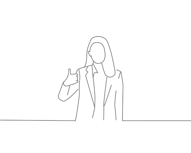 Woman showing thumb up gesture line drawing or continuous one line illustration