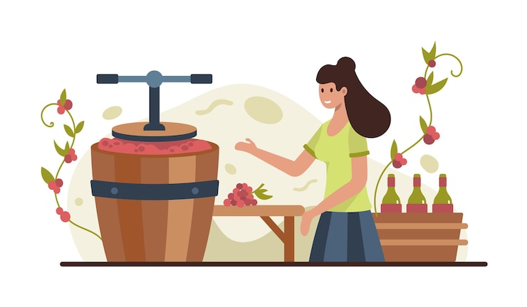 Vector woman showing wine making process extraction of grape juice from berries