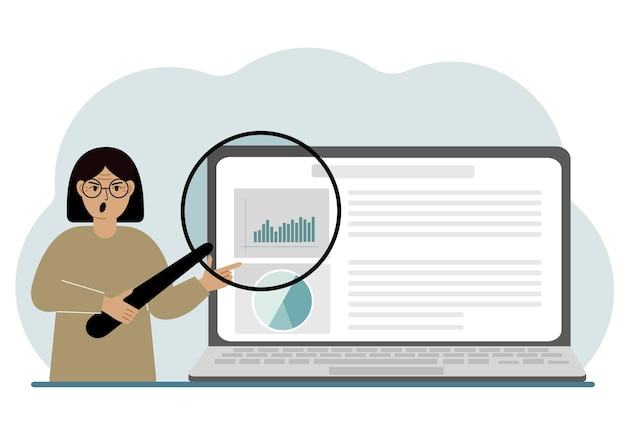 A woman shows a report a presentation on a laptop with a magnifying glass vector illustration Financial business analysis audit planning concept