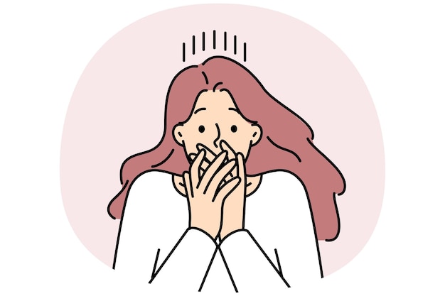 Vector woman shut mouth frustrated with fear or shock stunned female surprised by unbelievable news vector illustration