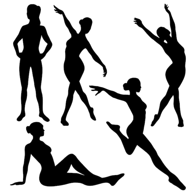 Woman silhouette in various poses Female silhouette dansing sitting standing Vector illustration