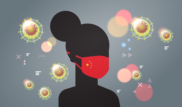 Silhouette di donna che indossa una maschera protettiva con bandiera cinese per prevenire il concetto di virus dell'epidemia wuhan coronavirus pandemia rischio medico ritratto orizzontale