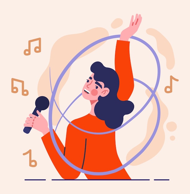 Woman singer concept beautiful female character in red dress holds microphone and sings her favorite