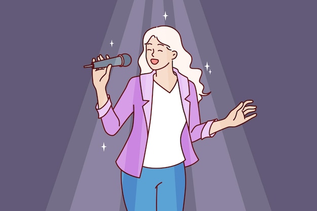 Vector woman sings karaoke holding microphone and enjoying creative hobby during party in nightclub