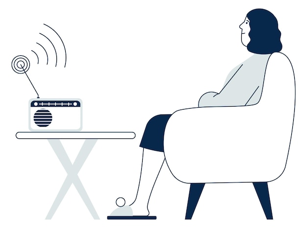 Woman sit on armchair and listen broadcasting radio