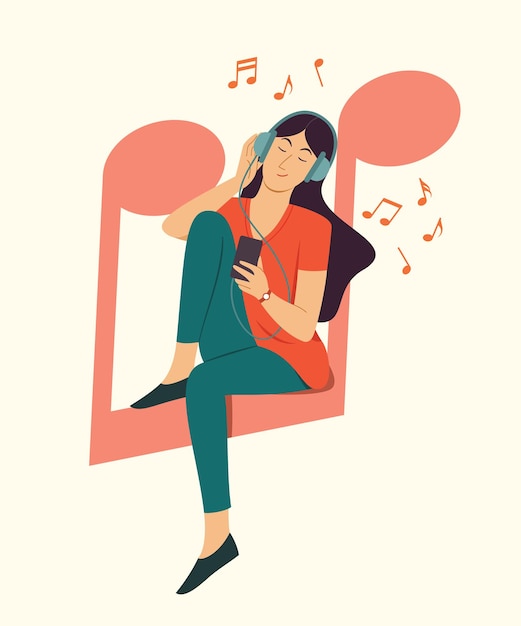 Vector woman sit on big musical note symbol and listen a song from smart phone