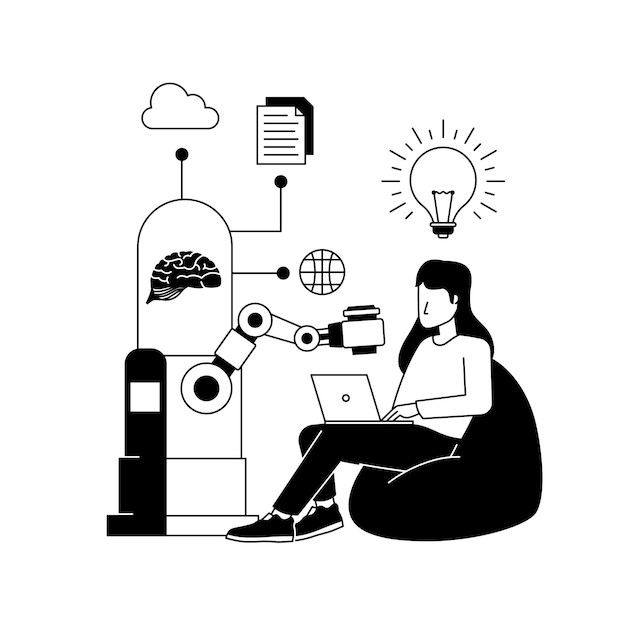 Woman sit from bean bag working with robotic artificial intelligence help to get idea inspiration creativity black illustration