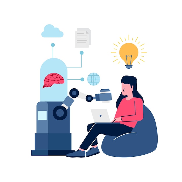 Женщина сидит из мешка с фасолью, работая с роботизированным искусственным интеллектом, помогает вдохновиться идеей, креативностью, плоской иллюстрацией