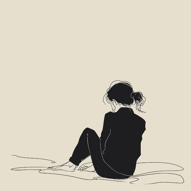 a woman sit on the ground minimalist hand drawn