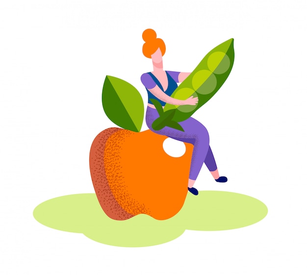 Woman sit on huge ripe apple hold green pea pod