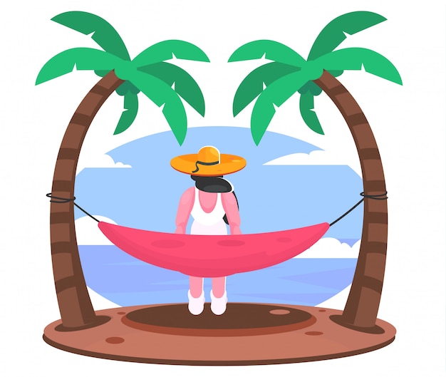 Вектор Женщина сидит на пляже плоской иллюстрации
