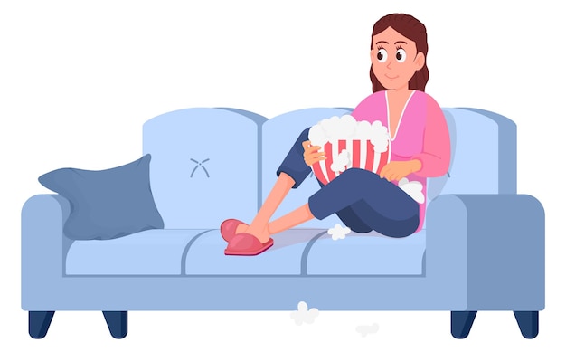 Woman sit on sofa with popcorn bucket Movie night isolated on white background