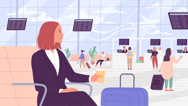 Woman sits in airport waiting area Business travel