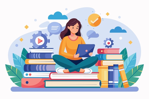 学習を象徴するアイコンに囲まれたタブレットを使用している女性オンライン学習における知識の価値を示すイラスト