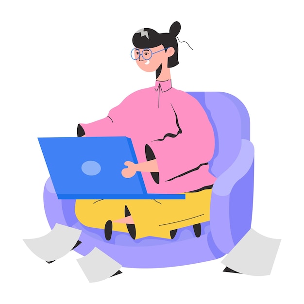 A woman sits in a chair with a laptop on her lap.