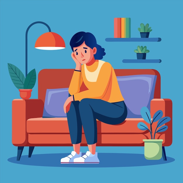 a woman sits on a couch with her face covered in a yellow shirt